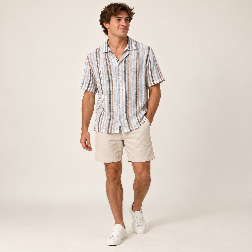 Common People Men’s Striped Seersucker Revere Short Sleeve Shirt Size Large Blue